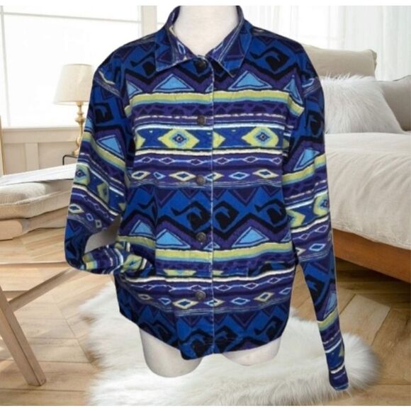 CHICOS SOUTHWEST WESTERN AZTEC INDIAN NAVAJO BUTTON FRONT DENIM JEAN JACKET Medi - Picture 7 of 10